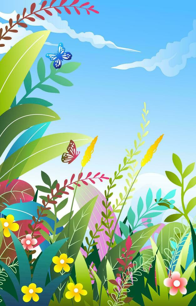 hermosa paisaje escena con flores y planta antecedentes vector