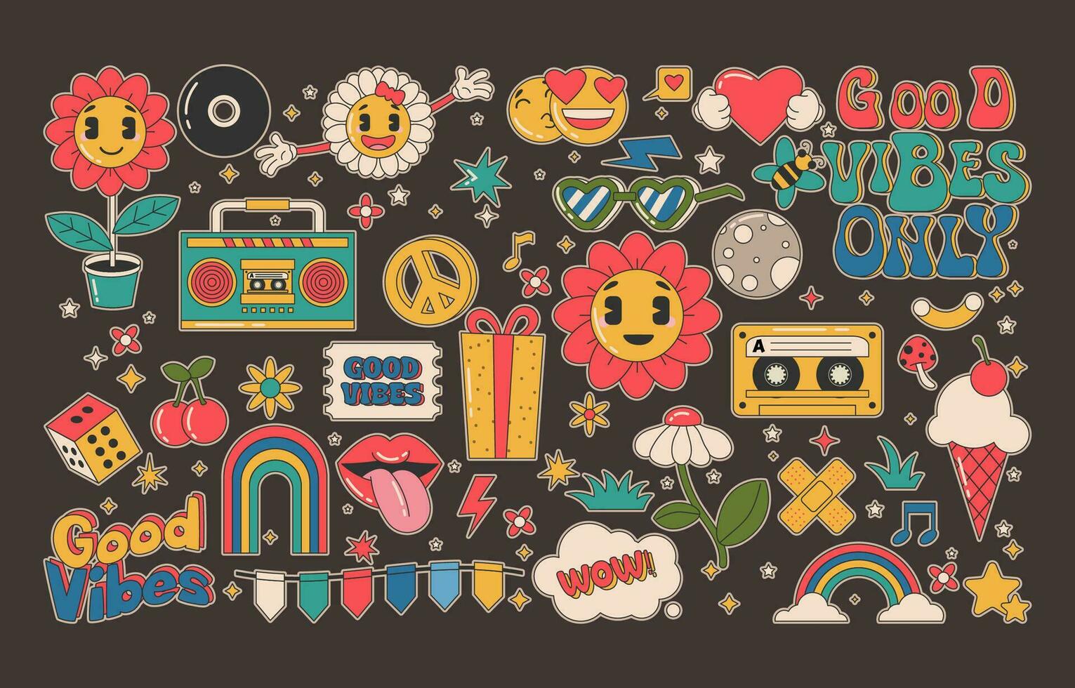 Collection of Cartoon groovy stickers 70s with hippie style vector