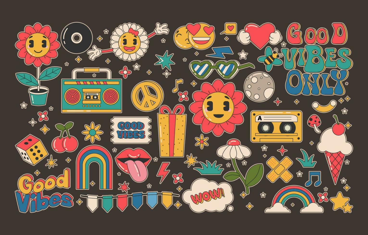 colección de dibujos animados maravilloso pegatinas 70s con hippie estilo vector