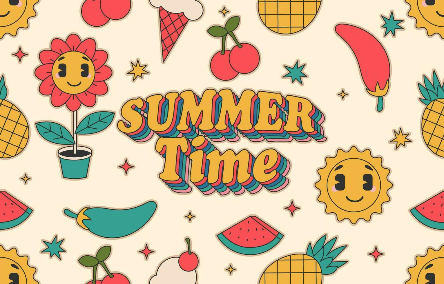 Seamless Pattern  Summer groovy 70s with hippie style vector