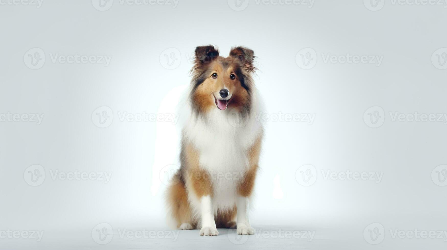 Photo of a rough collie on white background. Generative AI