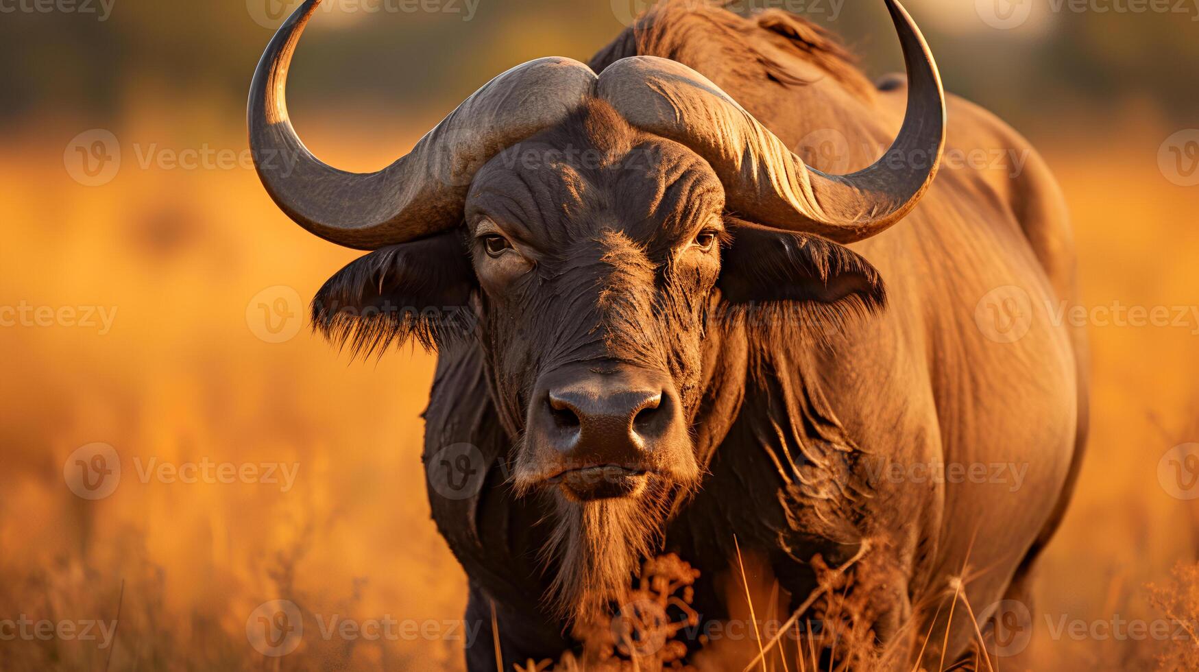 Photo of Buffalo on savanna at sunset. Generative AI