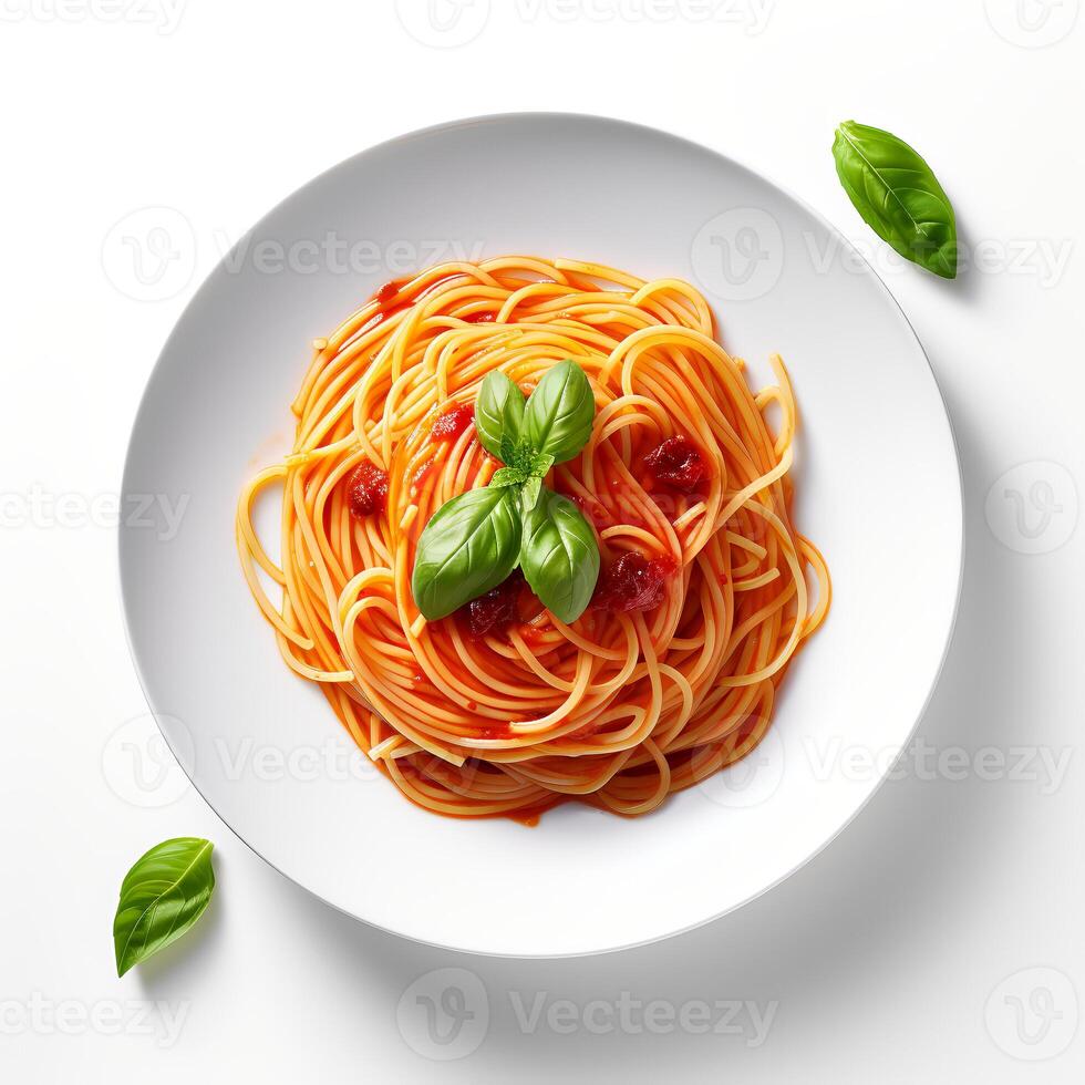 Food photography of Spaghetti on plate isolated on white background. Generative AI photo