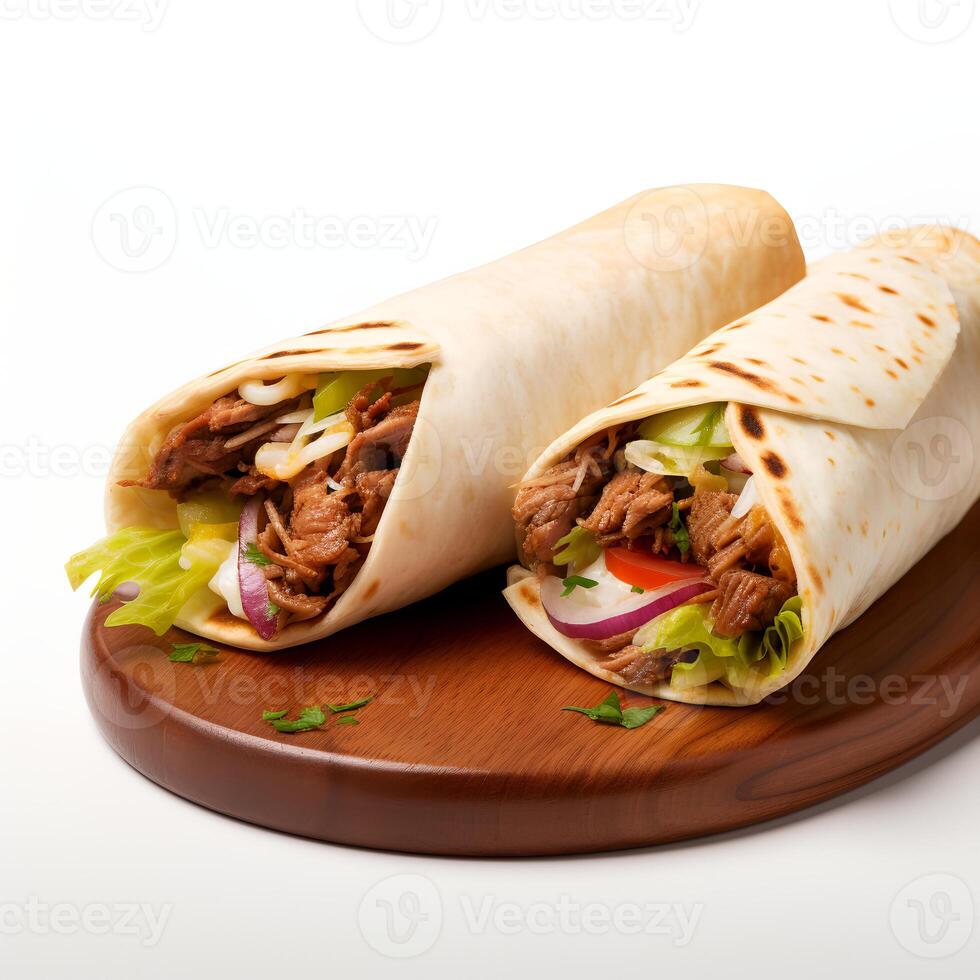 Food photography of Shawarma on wooden board isolated on white background. photo