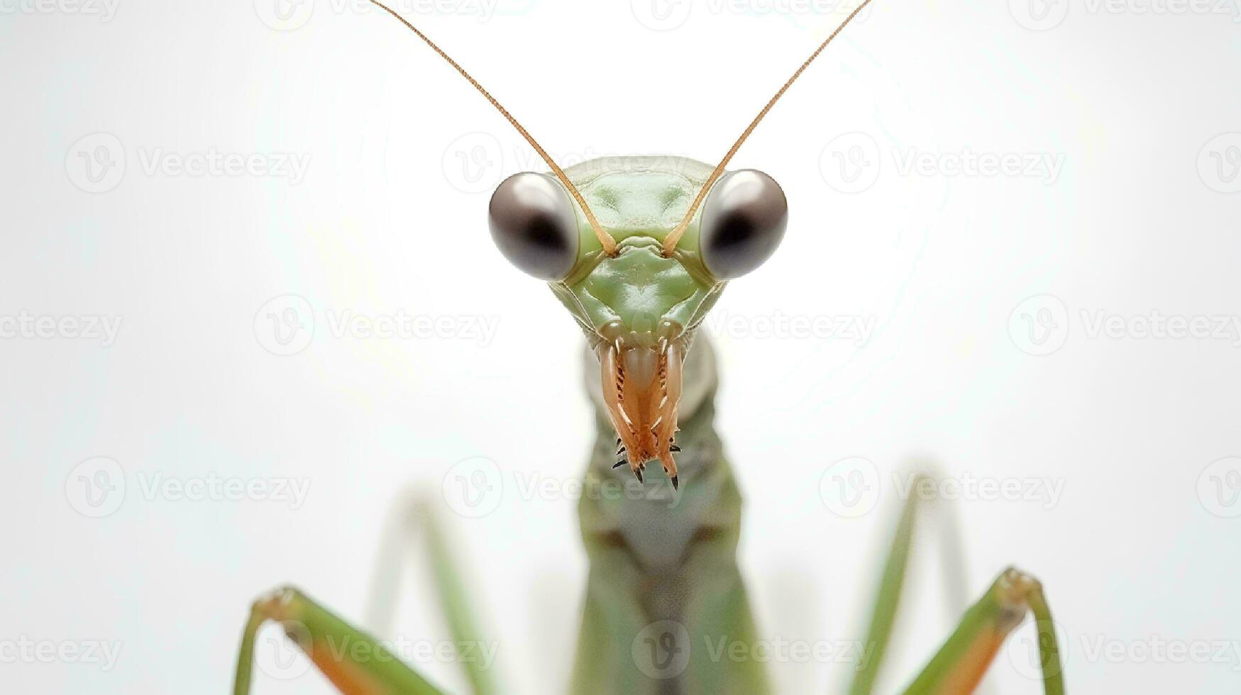 Photo of a praying mantis on white background. Generative AI