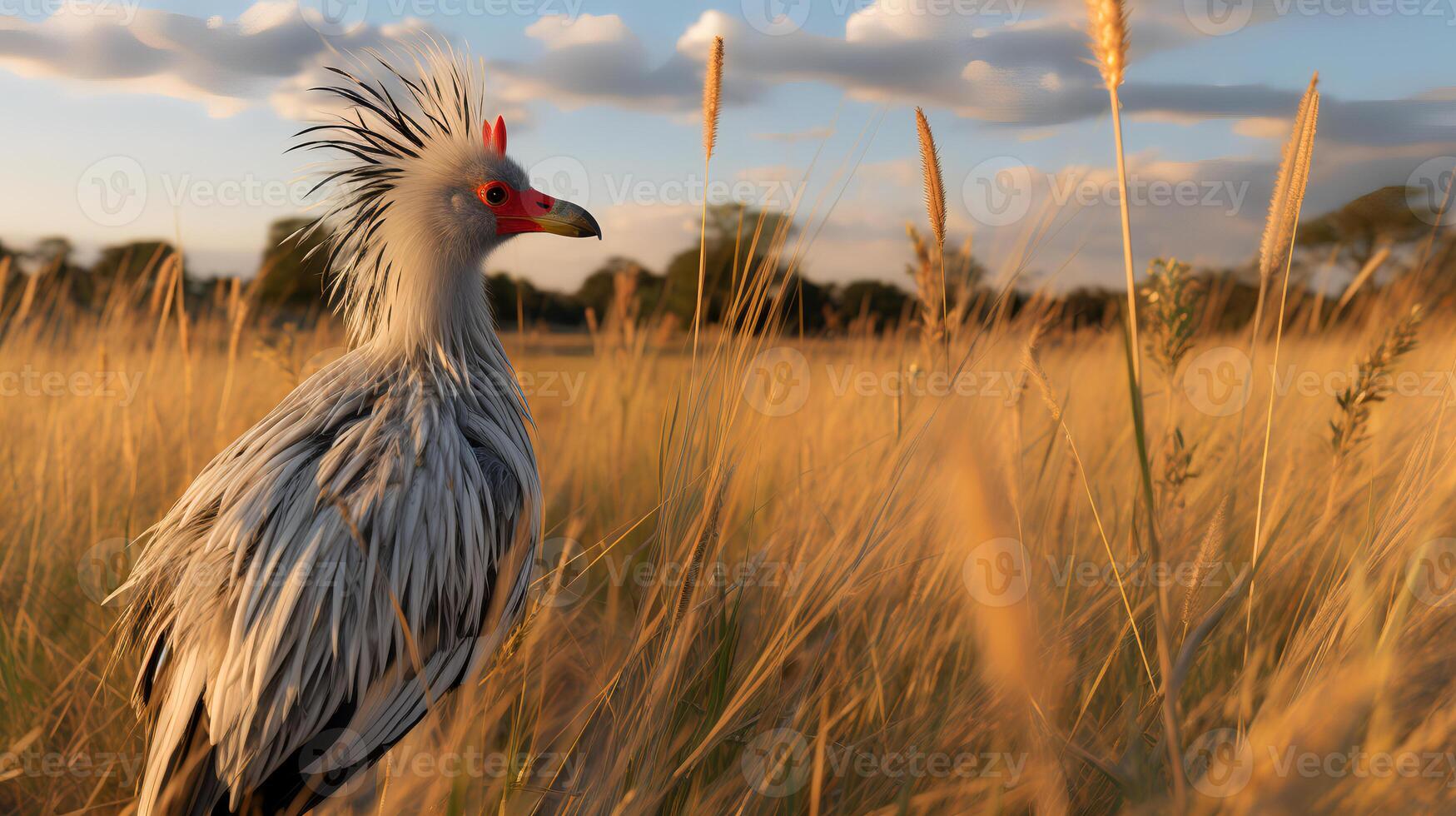 Photo of Secretary Bird on savanna at sunset.