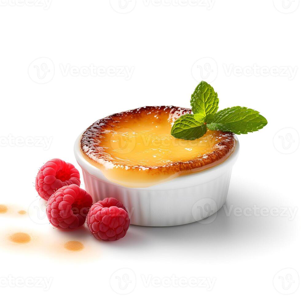 Photo of Creme Brulee with berries isolated on white background. Created by