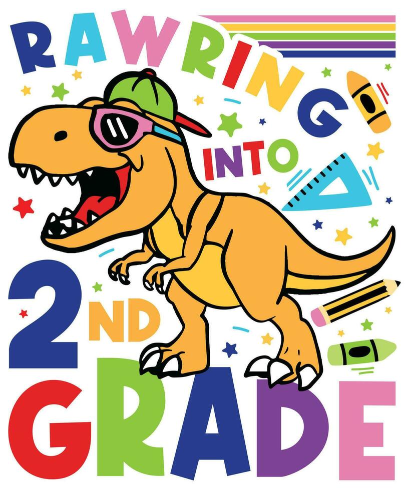 a cartoon dinosaur wearing sunglasses and a hat with the words, drawing into second grade vector
