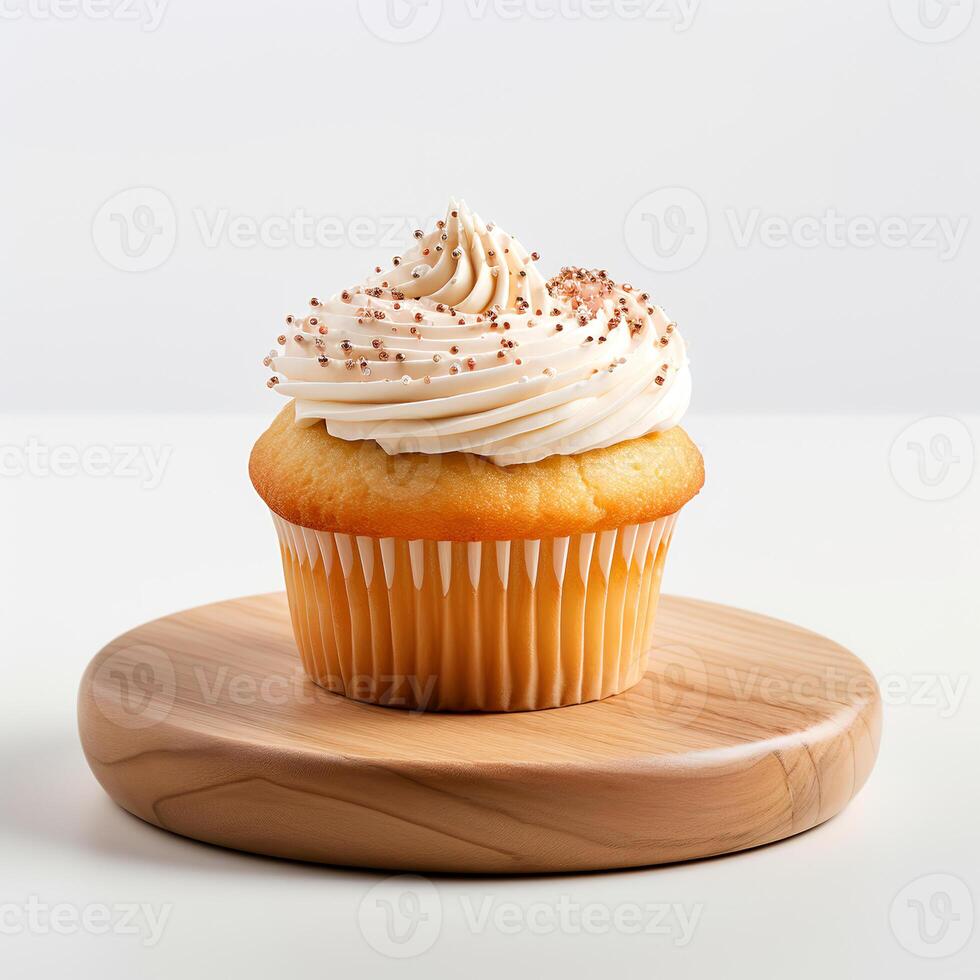 Photo of cup cake on wooden board isolated on white background. Created by Generative AI