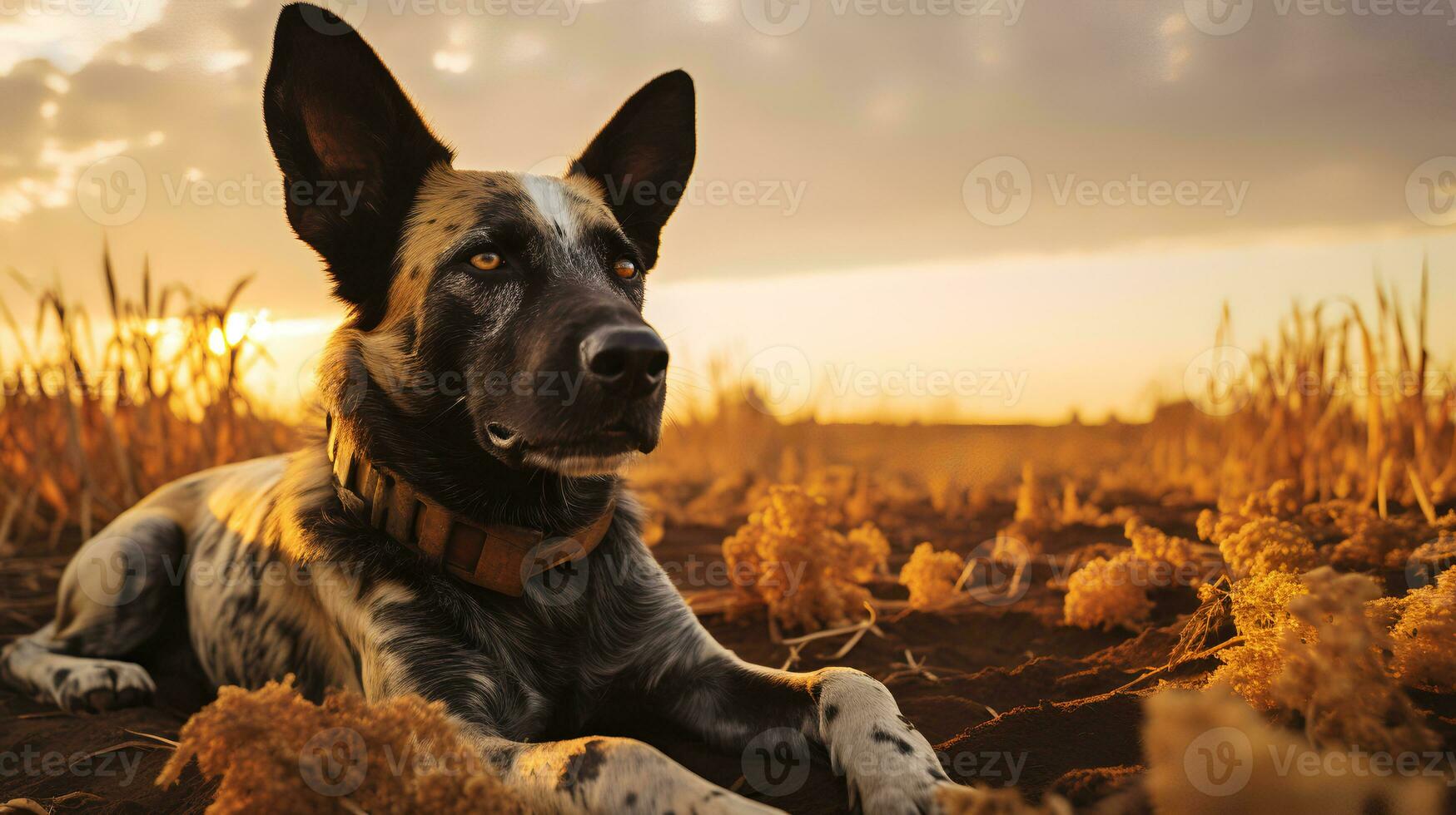 Photo of African Wild Dog on savanna at sunset. Generative AI