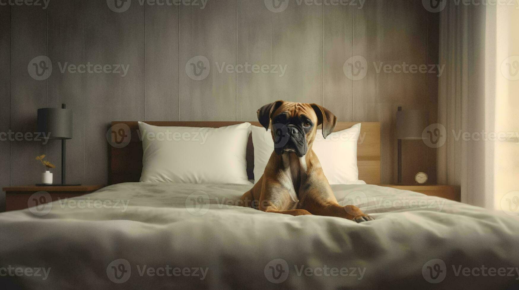 Boxer perro acostado en cama en hotel con contemporáneo interior diseño. generativo ai foto