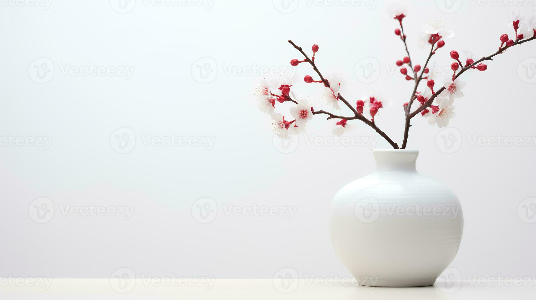 Photo of plum blossom in minimalist pot as houseplant for home decoration on white table on bright background. Generative AI