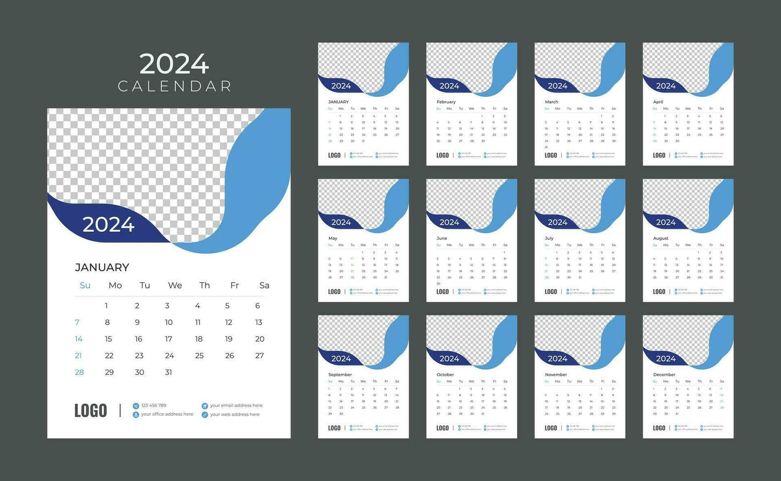 pared calendario 2024, vector pared calendario 2024, corporativo y negocio planificador modelo en inglés, semana comienzo domingo, pared calendario en un minimalista estilo