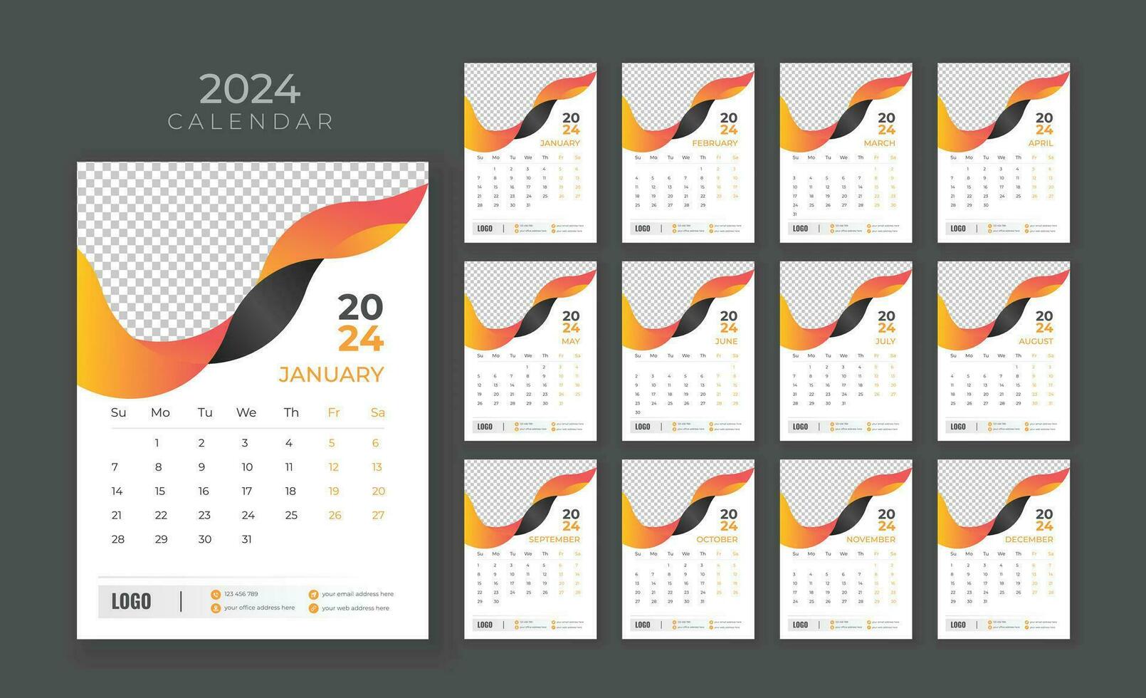 Vector wall calendar 2024, Wall calendar 2024, Corporate and business planner template in English, Week start Sunday, Wall calendar in a minimalist style