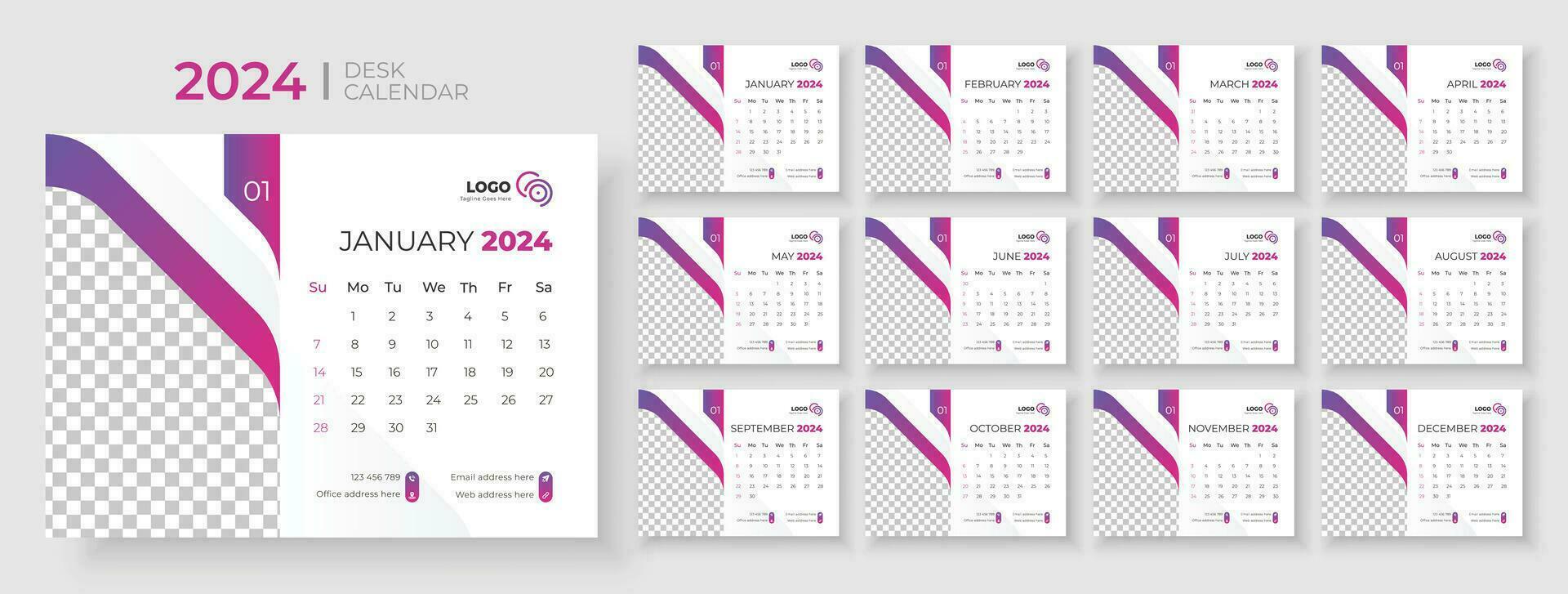 Desk calendar template 2024, Week Starts on sunday, Planner for 2024 year, template for annual calendar 2024 vector