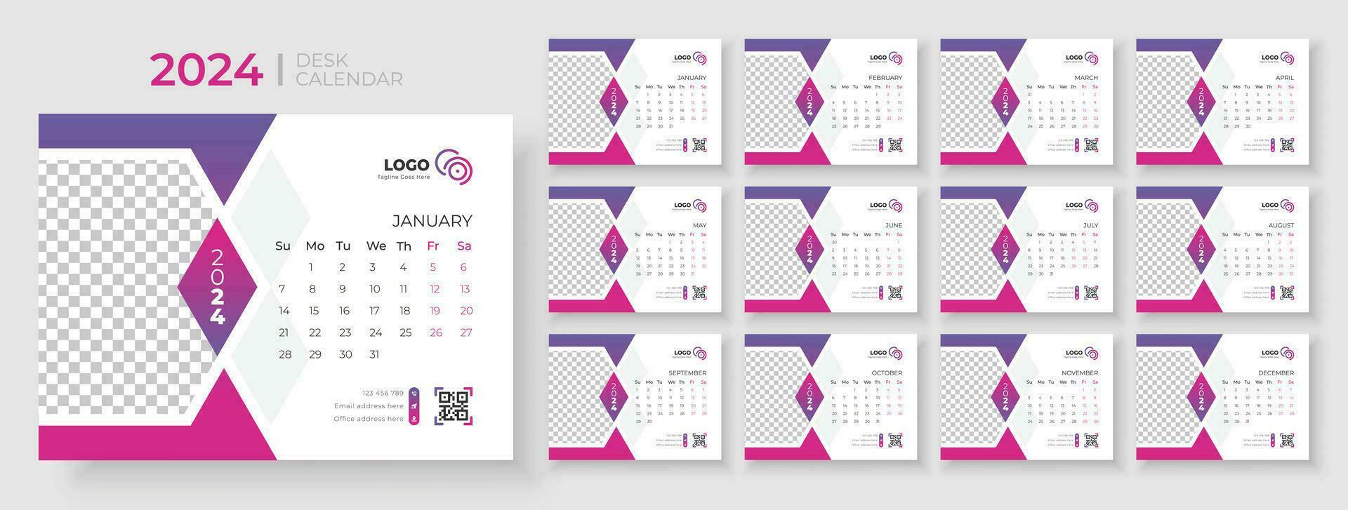 Desk calendar template 2024, Week Starts on sunday, Office Calendar 2024 vector