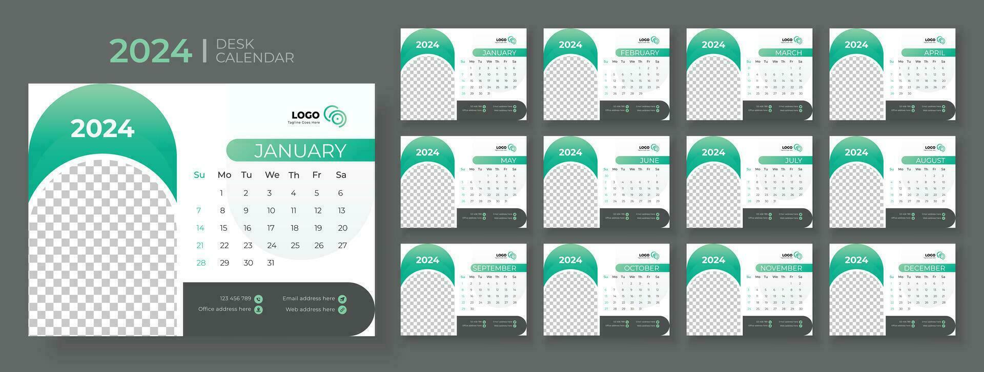 Desk calendar template 2024, Week Starts on sunday, Planner for 2024 year, template for annual calendar 2024 vector