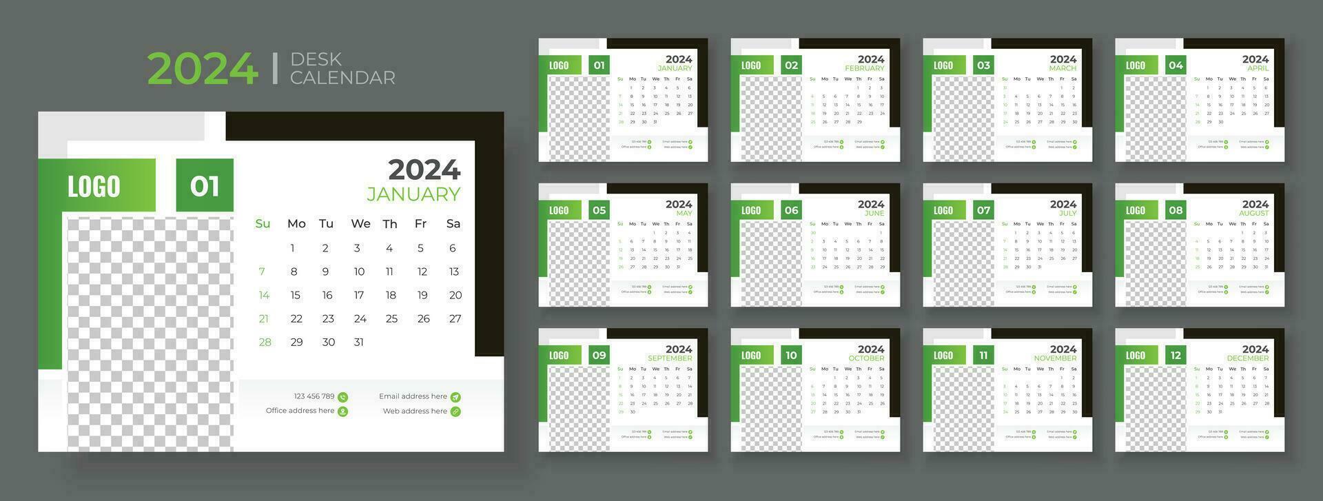 Desk Calendar 2024 template design, Office Calendar 2024,Week Starts on sunday, Planner for 2024 year, template for annual calendar 2024 vector