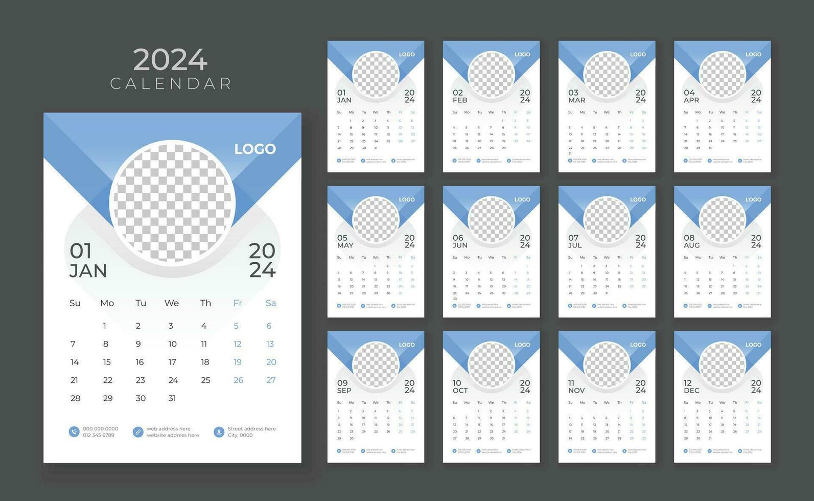 Vector wall calendar 2024, Wall calendar 2024, Company Calendar template, Week start Sunday, Wall calendar in a minimalist style