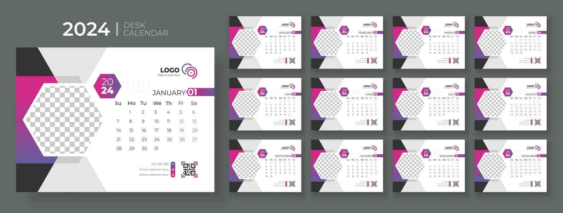 moderno escritorio calendario 2024, oficina calendario 2024, semana empieza en domingo, modelo para anual calendario 2024. vector