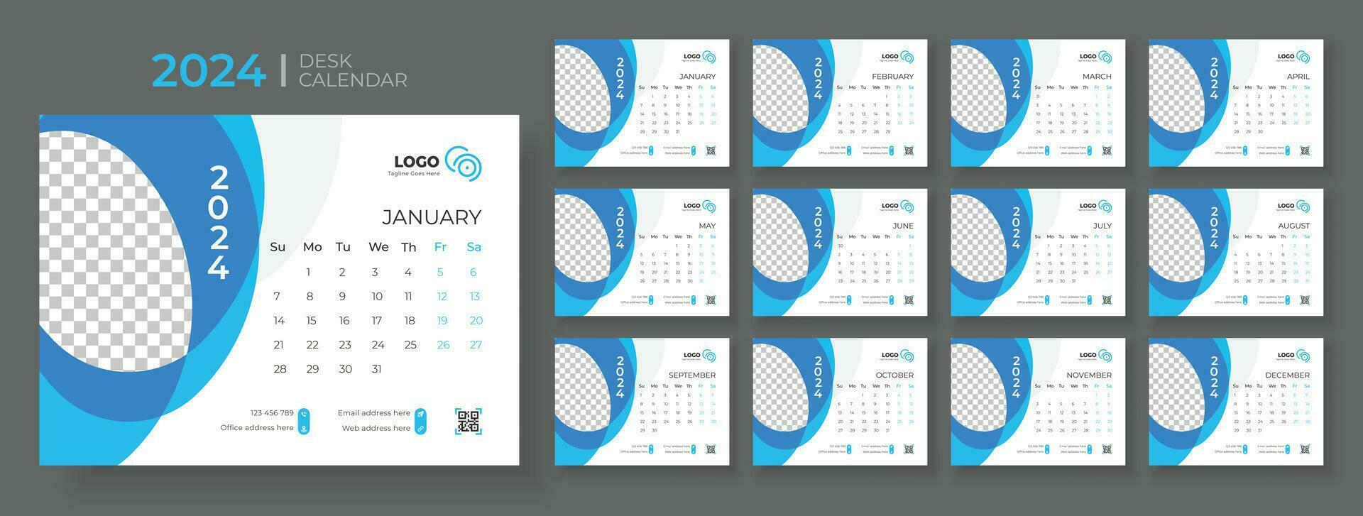 escritorio calendario 2024 modelo diseño, oficina calendario 2024, semana empieza en domingo, planificador para 2024 año, modelo para anual calendario 2024 vector