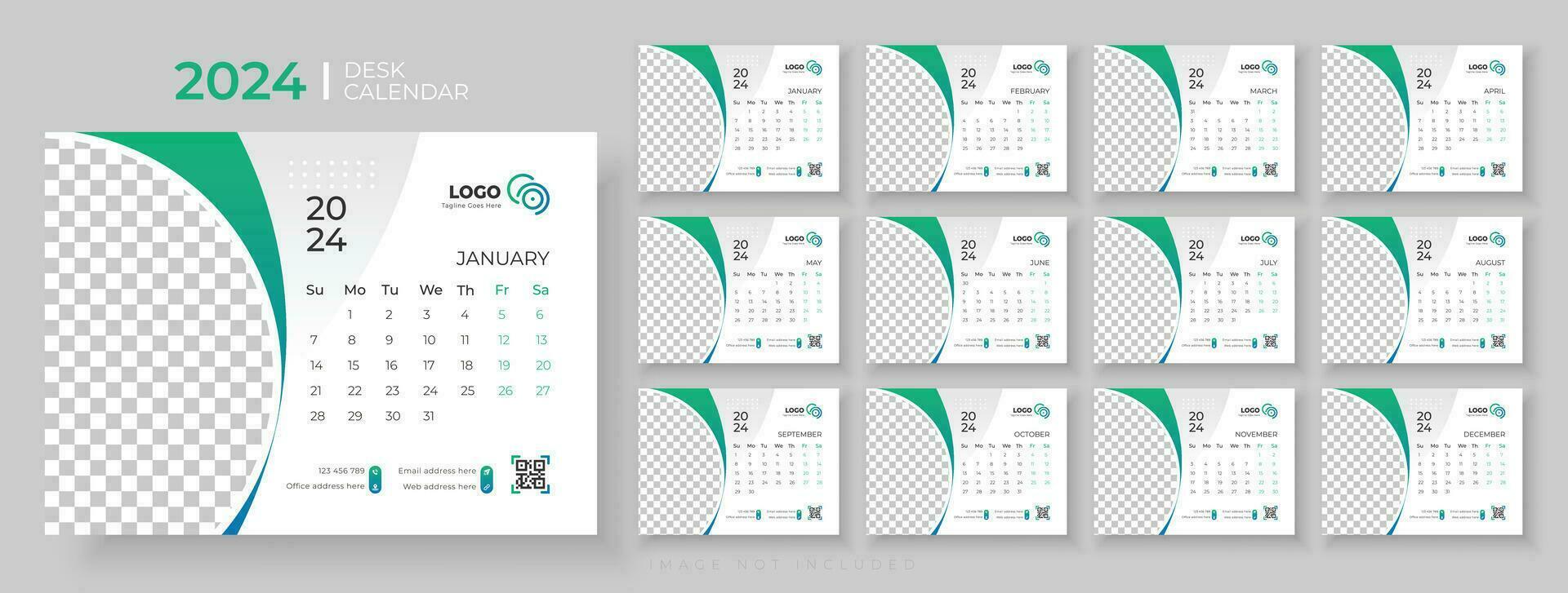 moderno escritorio calendario 2024, oficina calendario 2024, semana empieza en domingo, modelo para anual calendario 2024. vector