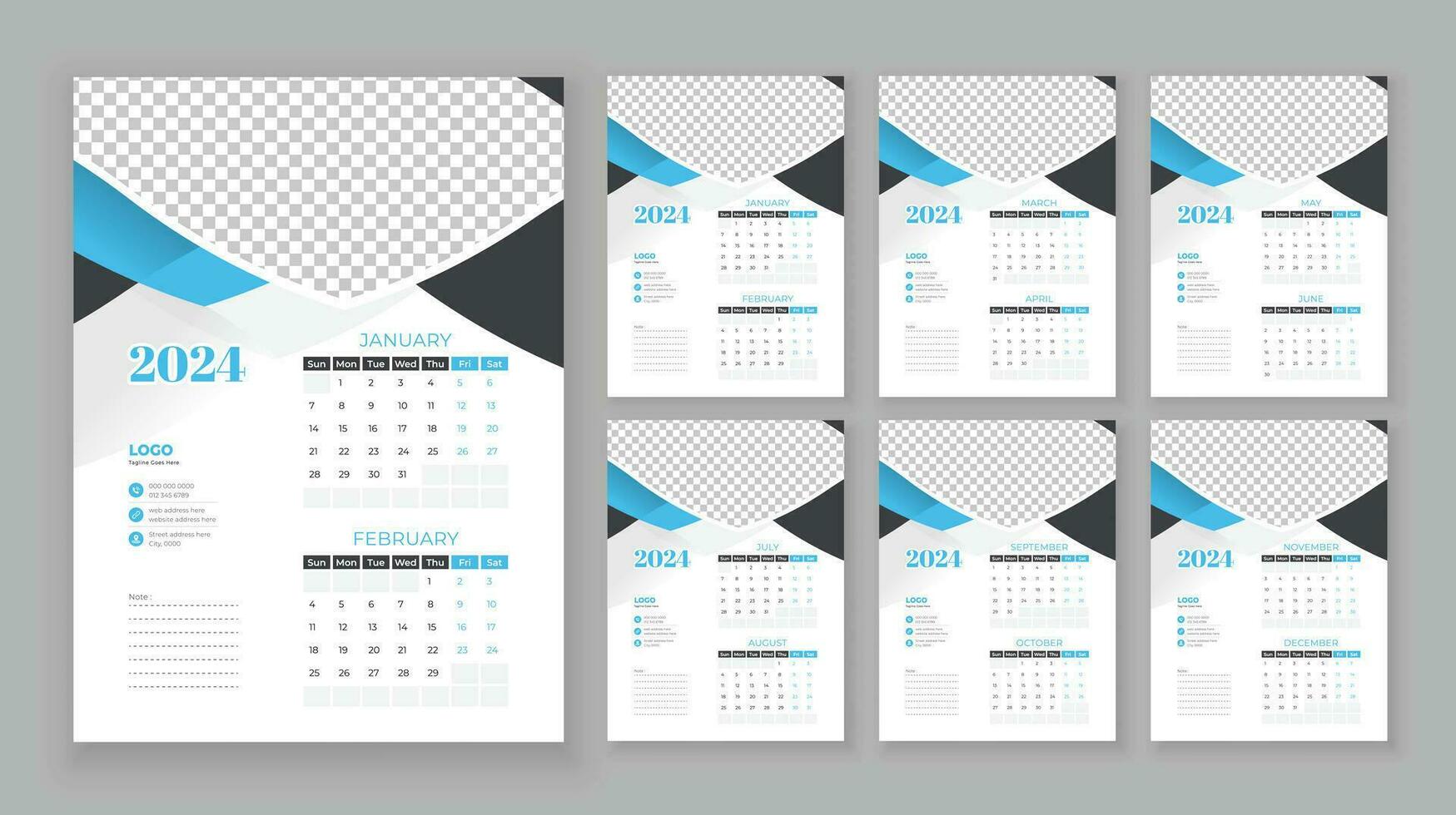 Wall calendar 2024, Company Calendar template, Week start Sunday, 6 page wall calendar 2024, Wall calendar in a minimalist style vector