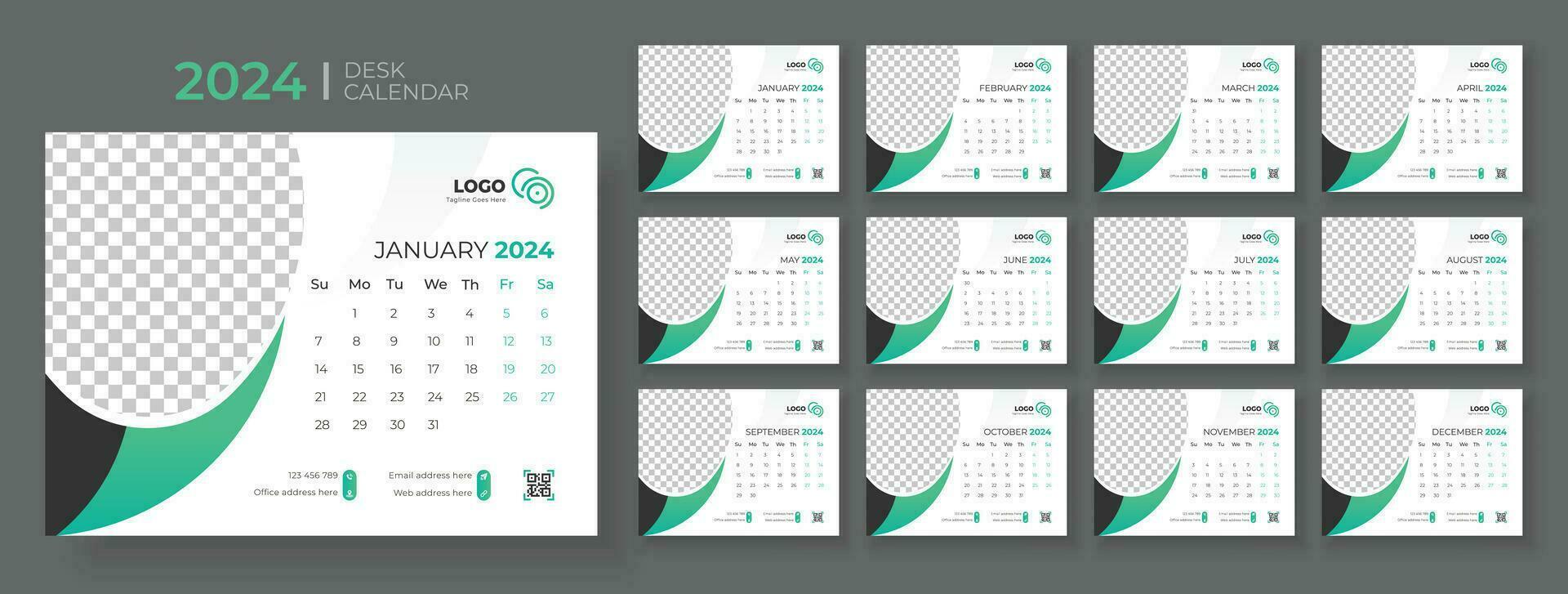 escritorio calendario 2024 modelo diseño, oficina calendario 2024, semana empieza en domingo, planificador para 2024 año, modelo para anual calendario 2024 vector