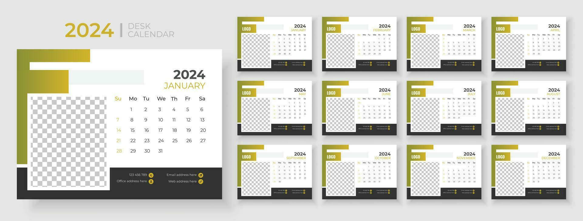 Desk calendar template 2024, Week Starts on sunday, Planner for 2024 year, template for annual calendar 2024 vector