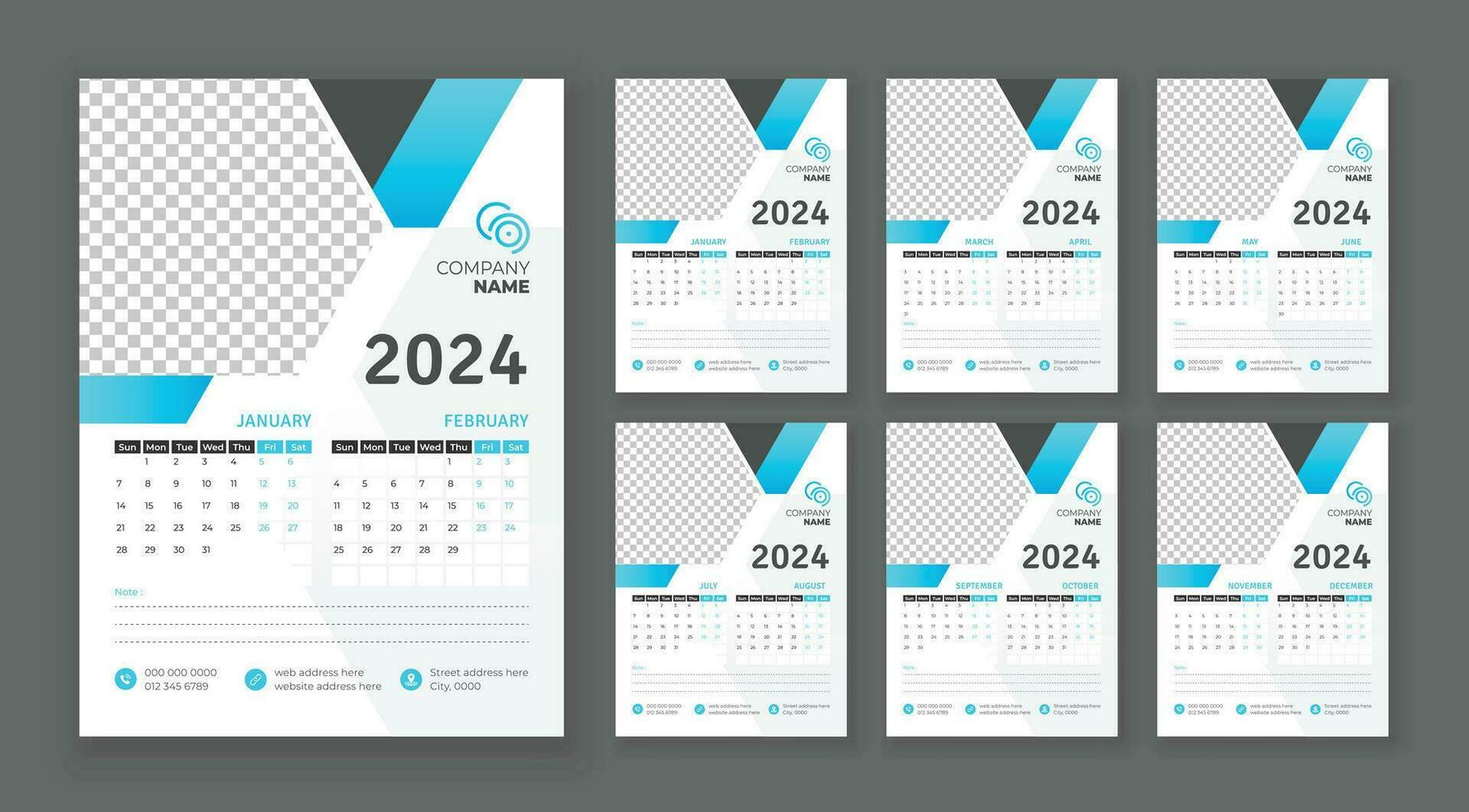 pared calendario 2024, vector pared calendario 2024, corporativo y negocio planificador modelo en inglés, semana comienzo domingo, pared calendario en un minimalista estilo