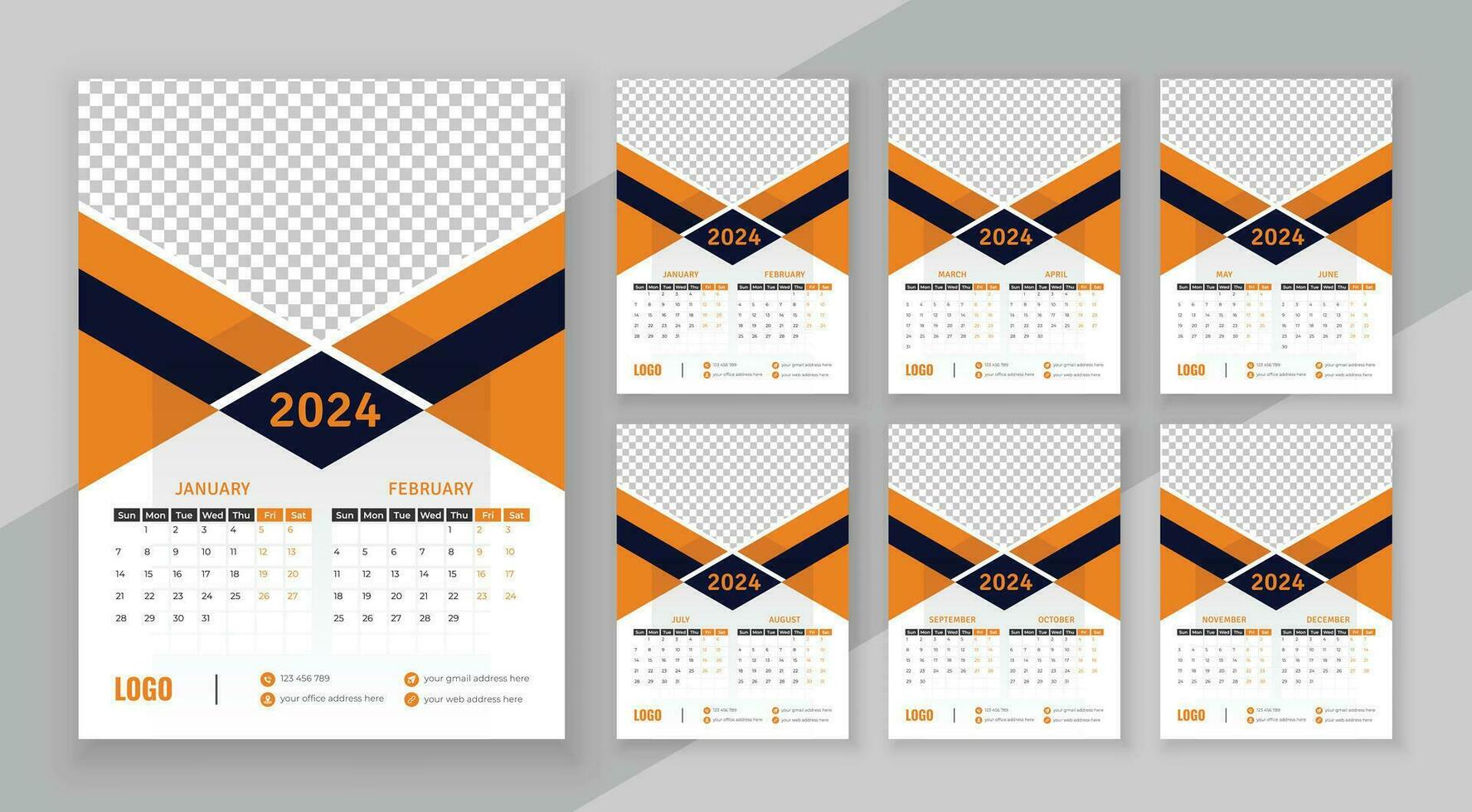 Wall calendar 2024, Vector wall calendar 2024, Corporate and business planner template in English, Week start Sunday, Wall calendar in a minimalist style