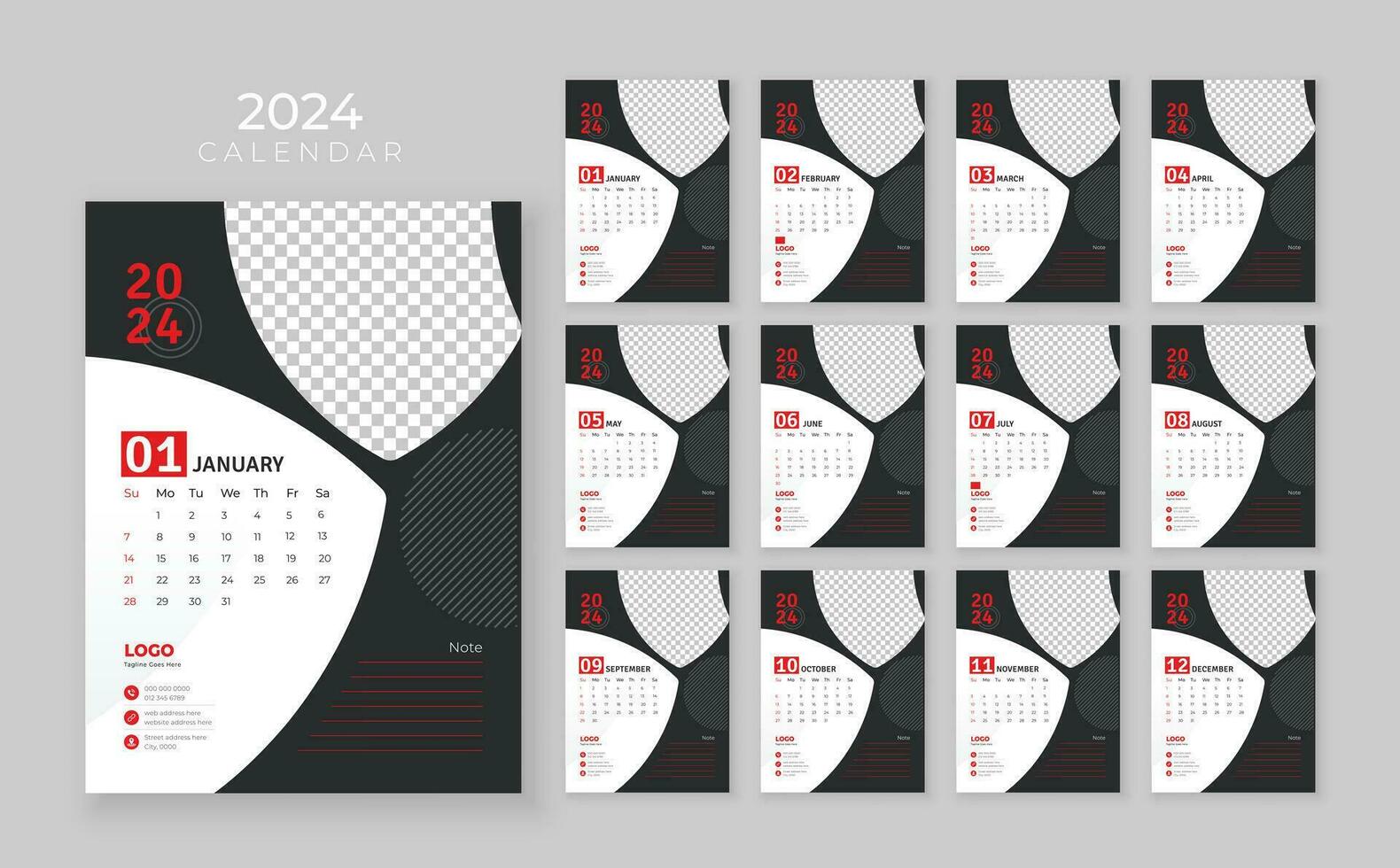 12 page wall calendar 2024, Company Calendar template, Week start Sunday, Wall calendar in a minimalist style vector