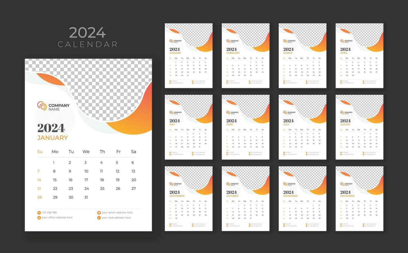 12 página pared calendario 2024, empresa calendario plantilla, semana comienzo domingo, pared calendario en un minimalista estilo vector