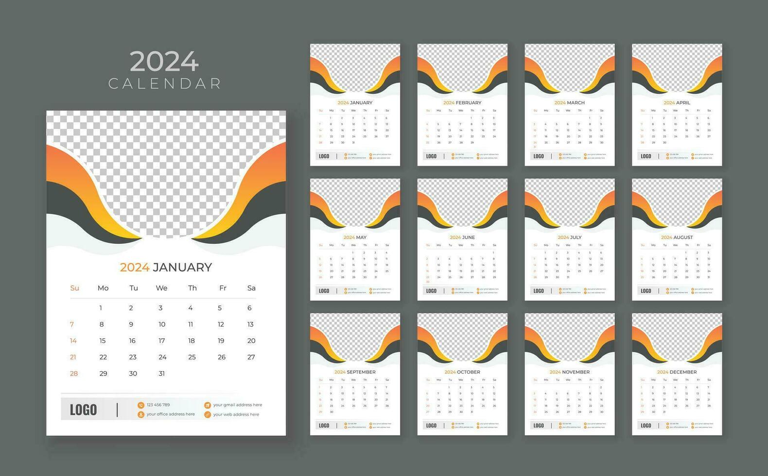 Vector wall calendar 2024, Wall calendar 2024, Corporate and business planner template in English, Week start Sunday, Wall calendar in a minimalist style