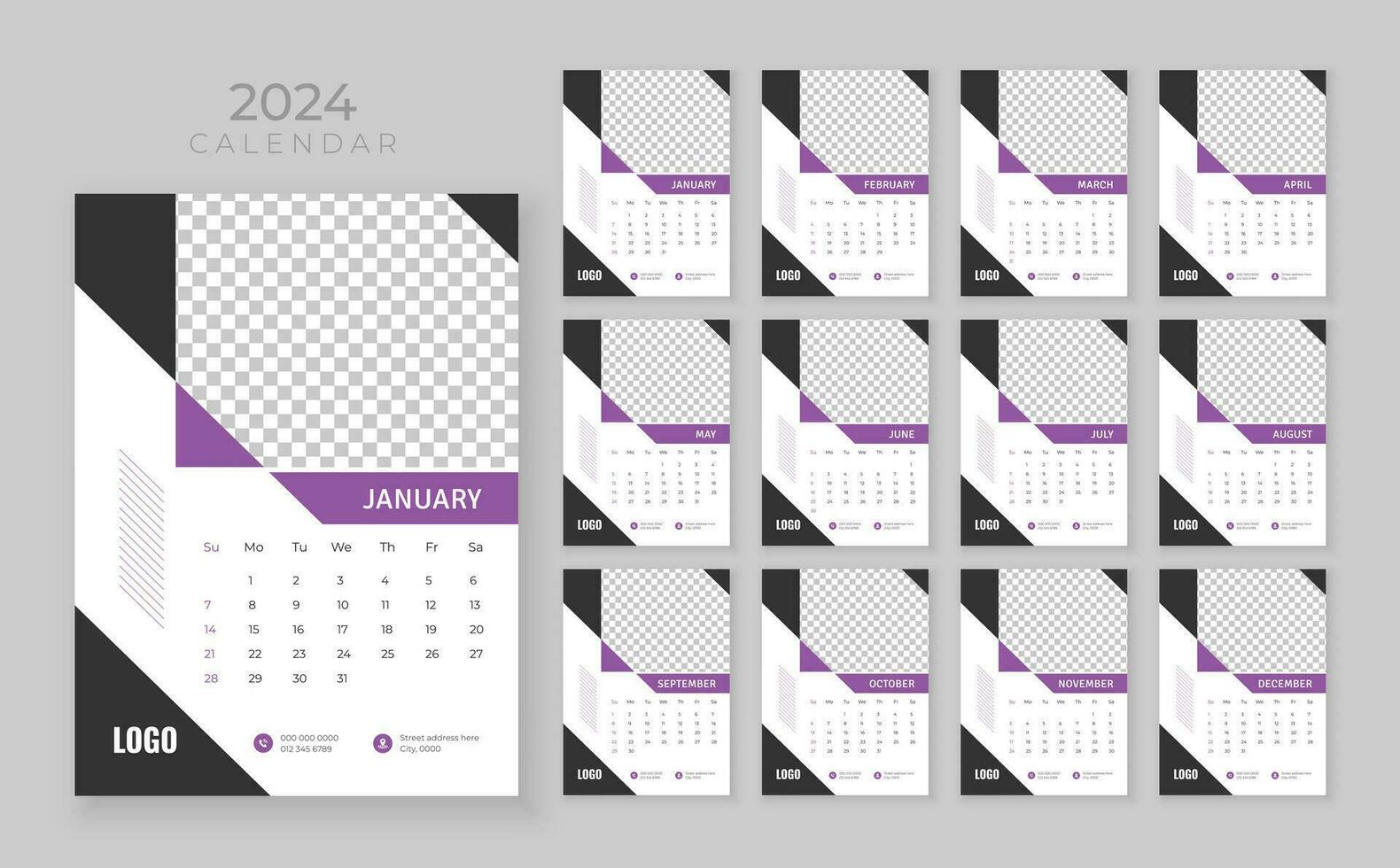 pared calendario 2024, vector pared calendario 2024, corporativo y negocio planificador modelo en inglés, semana comienzo domingo, pared calendario en un minimalista estilo