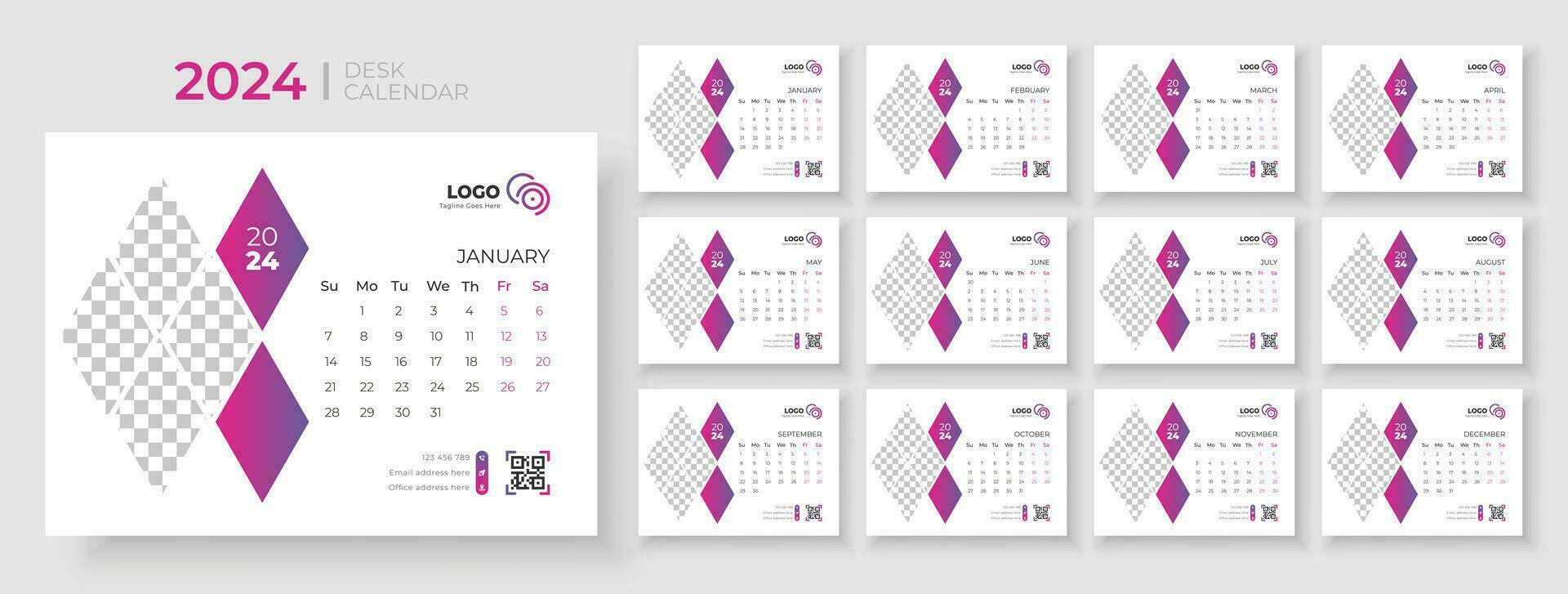 escritorio calendario modelo 2024, semana empieza en domingo, oficina calendario 2024 vector