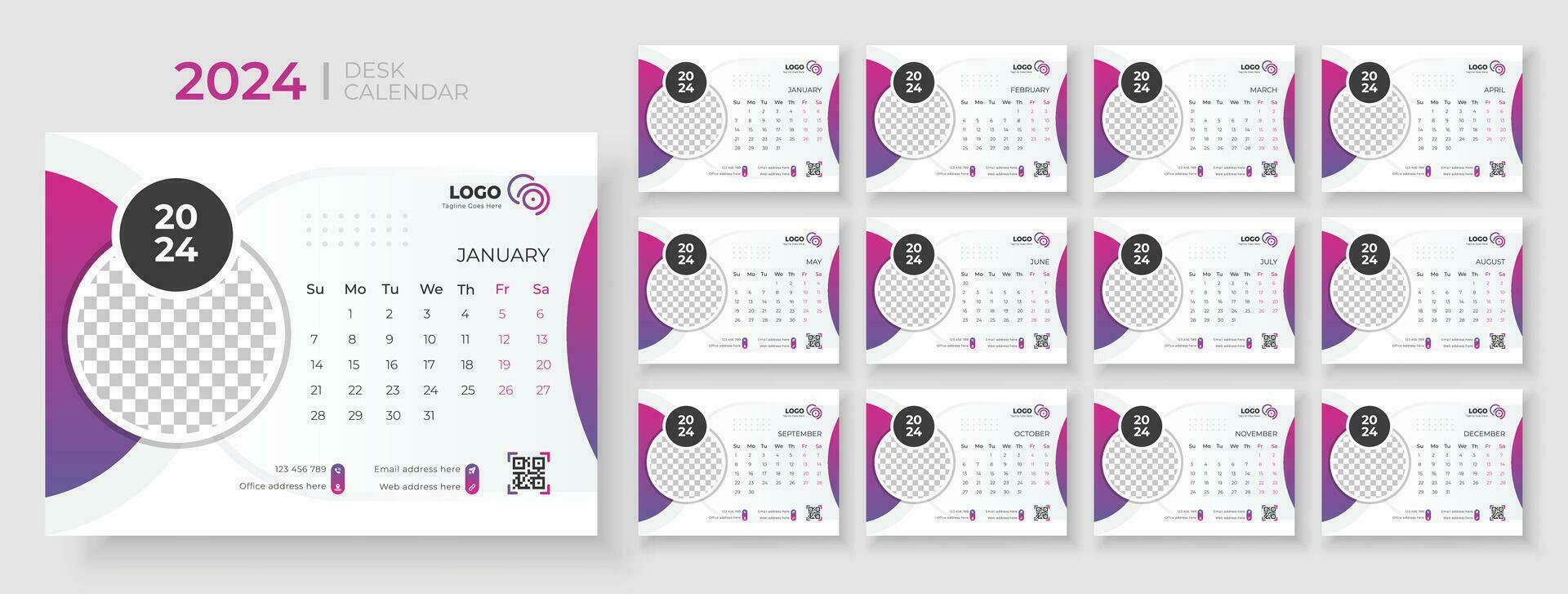 Desk Calendar 2024 template design, Office Calendar 2024,Week Starts on sunday, Planner for 2024 year, template for annual calendar 2024 vector