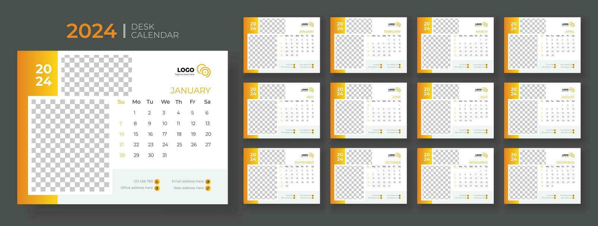 Desk calendar template 2024, Week Starts on sunday, Planner for 2024 year, template for annual calendar 2024 vector