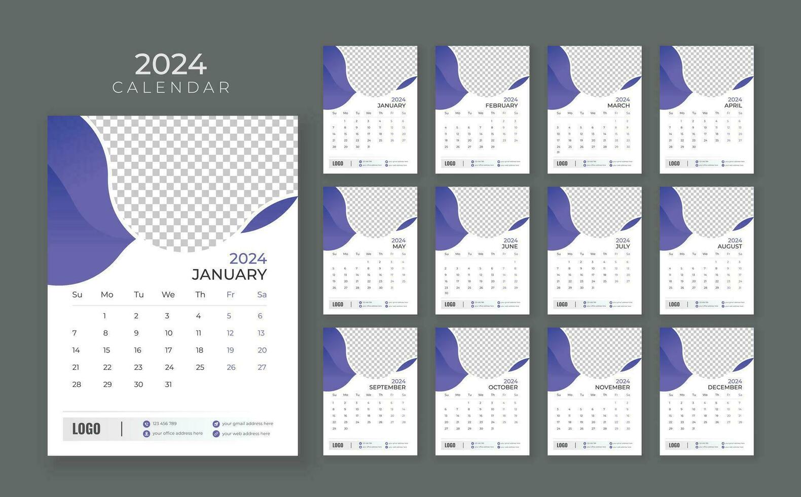 12 página pared calendario 2024, empresa calendario plantilla, semana comienzo domingo, pared calendario en un minimalista estilo vector