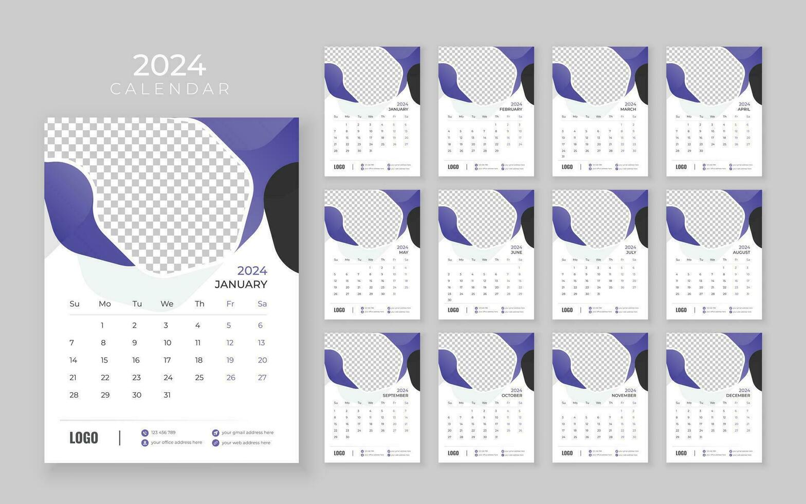 pared calendario 2024, vector pared calendario 2024, corporativo y negocio planificador modelo en inglés, semana comienzo domingo, pared calendario en un minimalista estilo