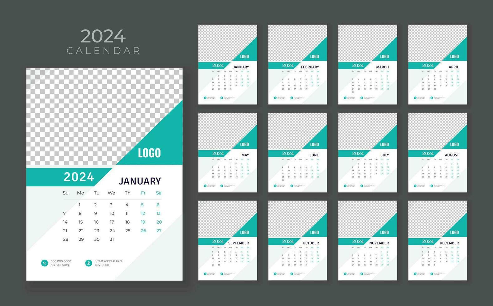 Vector wall calendar 2024, Wall calendar 2024, Company Calendar template, Week start Sunday, Wall calendar in a minimalist style