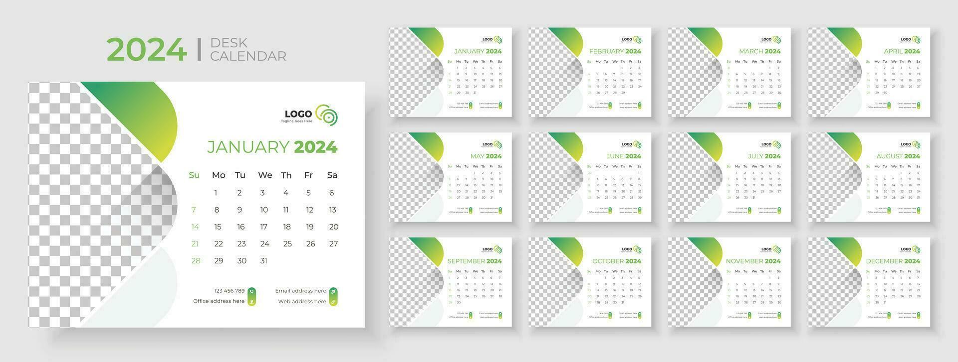 Desk calendar template 2024, Week Starts on sunday, Planner for 2024 year, template for annual calendar 2024 vector