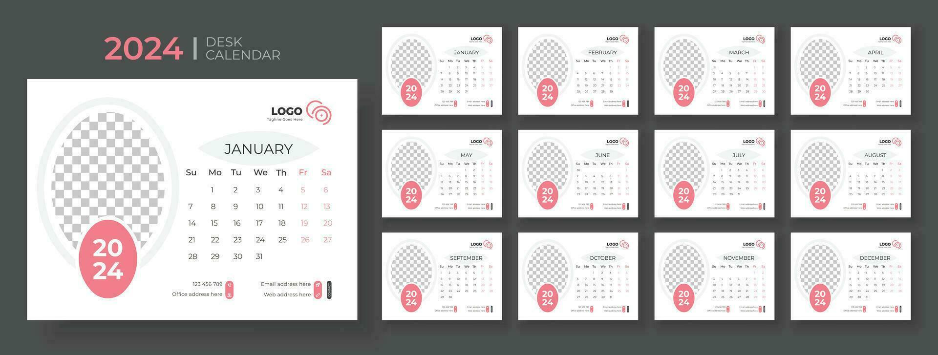 Desk Calendar 2024 template design, Office Calendar 2024,Week Starts on sunday, Planner for 2024 year, template for annual calendar 2024 vector