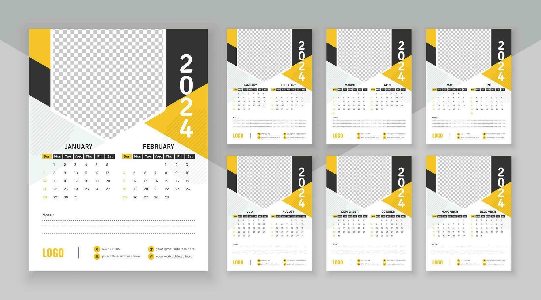 Wall calendar 2024, Vector wall calendar 2024, Corporate and business planner template in English, Week start Sunday, Wall calendar in a minimalist style
