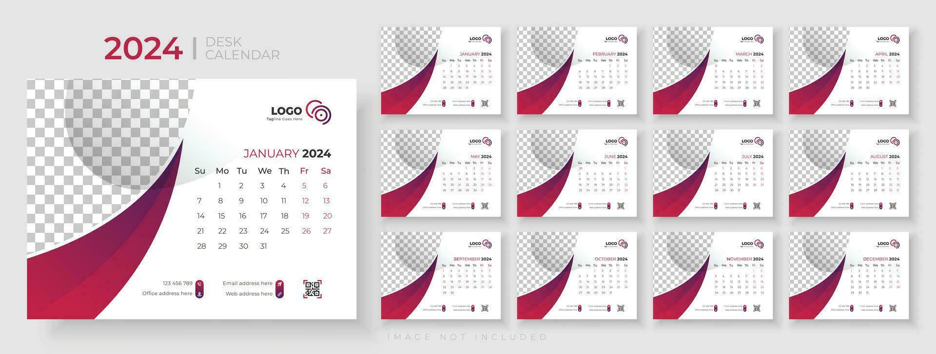 Desk Calendar 2024 template design, Office Calendar 2024,Week Starts on sunday, Planner for 2024 year, template for annual calendar 2024 vector