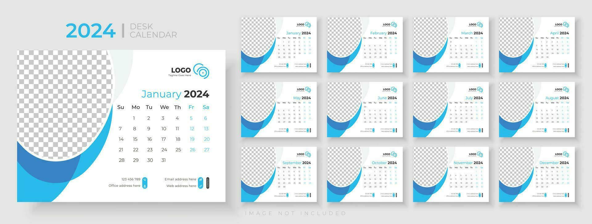Desk calendar template 2024, Week Starts on sunday, Office Calendar 2024, template for annual calendar 2024 vector