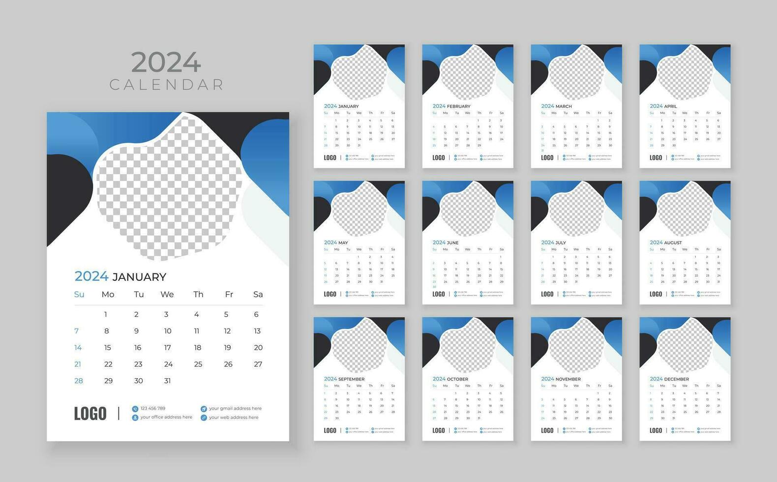 Wall calendar 2024, Company Calendar template, Week start Sunday, Vector wall calendar 2024, Wall calendar in a minimalist style