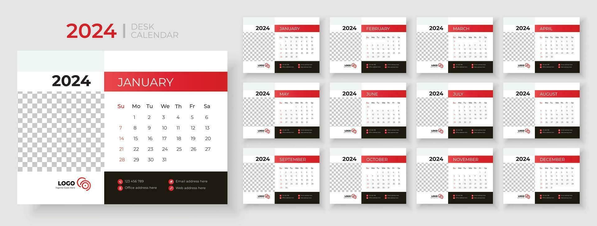 Desk calendar template 2024, Week Starts on sunday, Planner for 2024 year, template for annual calendar 2024 vector