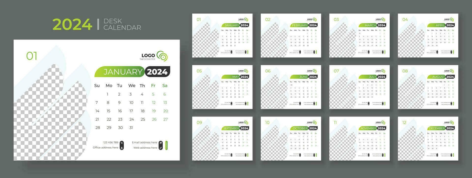 Desk calendar template 2024, Week Starts on sunday, Office Calendar 2024 vector