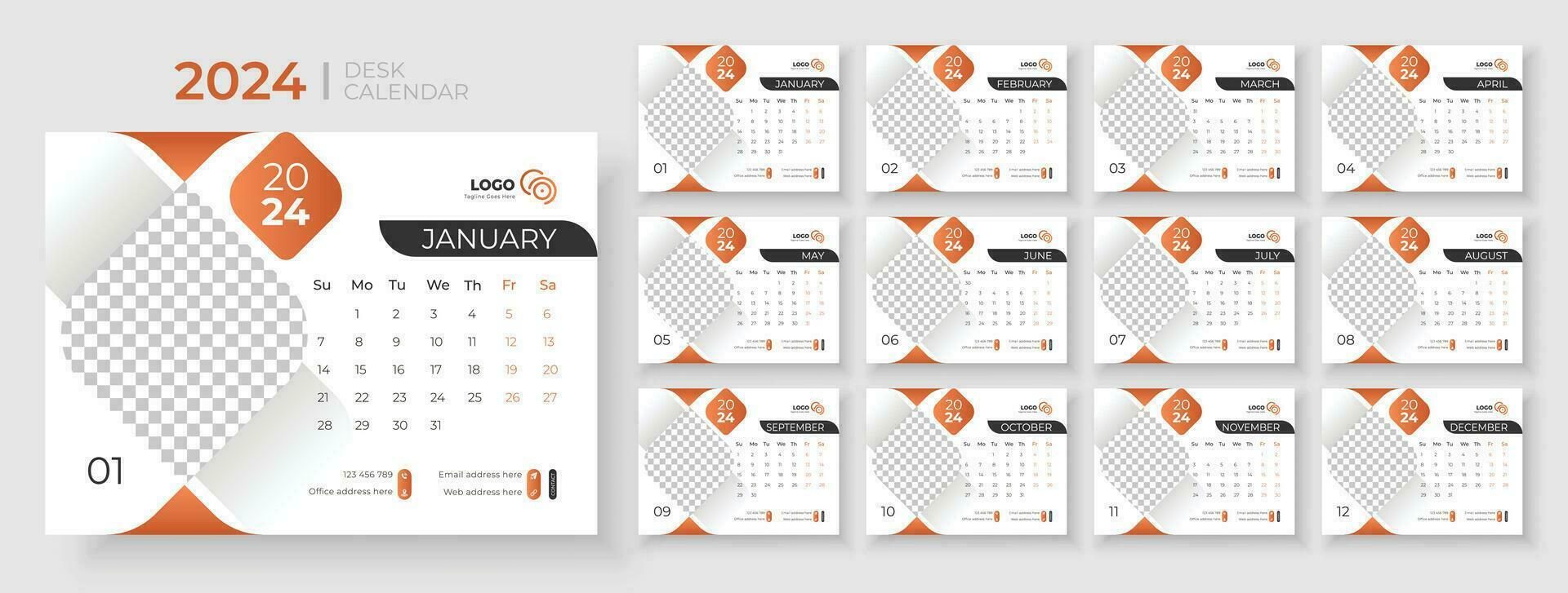 Desk Calendar 2024 template design, Office Calendar 2024,Week Starts on sunday, Planner for 2024 year, template for annual calendar 2024 vector